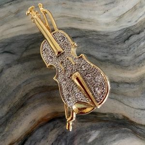 Violin gold-tone with rhinestone brooch